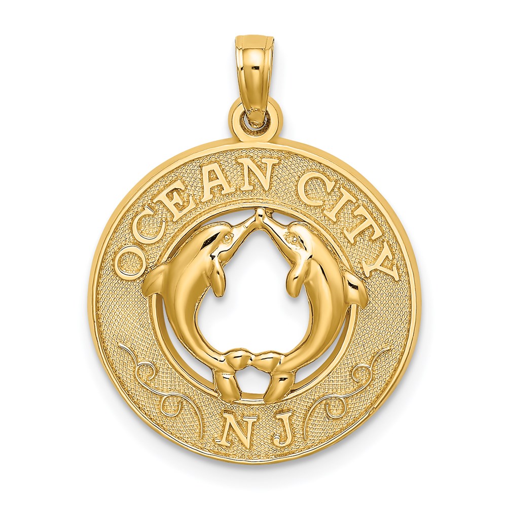 14k Yellow Gold Travel Ocean City, Nj With Dolphin Necklace Charm Pendant